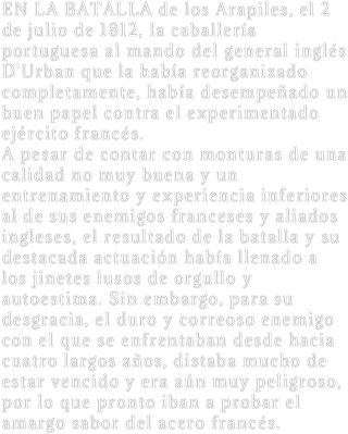 EN LA BATALLA de los Arapiles, el 2 de julio de 1812, la caballería portuguesa al mando del general inglés D'Urban que la había reorganizado completamente, había desempeñado un buen papel contra el experimentado ejército francés.
A pesar de contar con monturas de una calidad no muy buena y un entrenamiento y experiencia inferiores al de sus enemigos franceses y aliados ingleses, el resultado de la batalla y su destacada actuación había llenado a los jinetes lusos de orgullo y autoestima. Sin embargo, para su desgracia, el duro y correoso enemigo con el que se enfrentaban desde hacia cuatro largos años, distaba mucho de estar vencido y era aún muy peligroso, por lo que pronto iban a probar el amargo sabor del acero francés. 